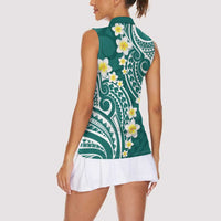 Plumeria With Teal Polynesian Tattoo Pattern Women Sleeveless Polo Shirt