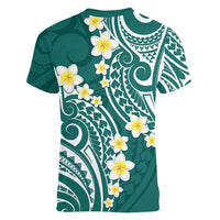 Plumeria With Teal Polynesian Tattoo Pattern Women V-Neck T-Shirt