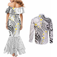 Plumeria With White Polynesian Tattoo Pattern Couples Matching Mermaid Dress and Long Sleeve Button Shirt LT05 - Polynesian Pride