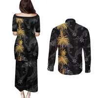 Hawaiian Honu And Surfboards Couples Matching Puletasi and Long Sleeve Button Shirt Gold Style LT05 - Polynesian Pride