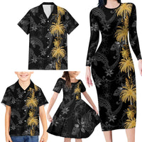 Hawaiian Honu And Surfboards Family Matching Long Sleeve Bodycon Dress and Hawaiian Shirt Gold Style LT05 - Polynesian Pride