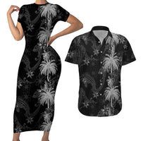 Hawaiian Honu And Surfboards Couples Matching Short Sleeve Bodycon Dress and Hawaiian Shirt Silver Style LT05 Silver - Polynesian Pride