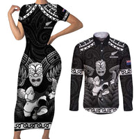 Custom New Zealand Maori Tiki Rugby Couples Matching Short Sleeve Bodycon Dress and Long Sleeve Button Shirt Go Aotearoa Maori Pattern LT05 Black - Polynesian Pride