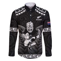 Custom New Zealand Maori Tiki Rugby Family Matching Off The Shoulder Long Sleeve Dress and Hawaiian Shirt Go Aotearoa Maori Pattern LT05 Dad's Shirt - Long Sleeve Black - Polynesian Pride
