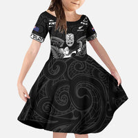 Custom New Zealand Maori Tiki Rugby Family Matching Off Shoulder Maxi Dress and Hawaiian Shirt Go Aotearoa Maori Pattern LT05 Daughter's Dress Black - Polynesian Pride
