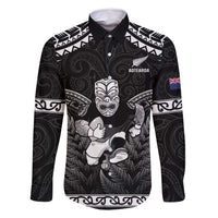 Custom New Zealand Maori Tiki Rugby Family Matching Off Shoulder Maxi Dress and Hawaiian Shirt Go Aotearoa Maori Pattern LT05 Dad's Shirt - Long Sleeve Black - Polynesian Pride