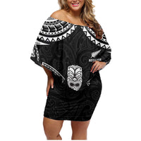 Custom New Zealand Maori Tiki Rugby Family Matching Off Shoulder Short Dress and Hawaiian Shirt Go Aotearoa Maori Pattern LT05 Mom's Dress Black - Polynesian Pride