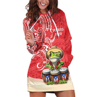 Personalized Puerto Rico Hoodie Dress Coqui Frog With Polynesian Pattern LT05 Red - Polynesian Pride