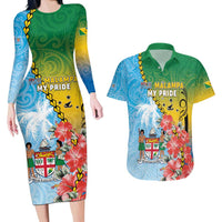 Personalised Malampa Fiji Day Couples Matching Long Sleeve Bodycon Dress and Hawaiian Shirt Tribal Pattern With Tropical Flowers LT05 Colorful - Polynesian Pride