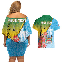 Personalised Malampa Fiji Day Couples Matching Off Shoulder Short Dress and Hawaiian Shirt Tribal Pattern With Tropical Flowers LT05 - Polynesian Pride