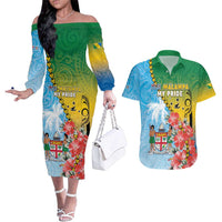 Personalised Malampa Fiji Day Couples Matching Off The Shoulder Long Sleeve Dress and Hawaiian Shirt Tribal Pattern With Tropical Flowers LT05 Colorful - Polynesian Pride