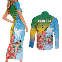Personalised Malampa Fiji Day Couples Matching Short Sleeve Bodycon Dress and Long Sleeve Button Shirt Tribal Pattern With Tropical Flowers LT05 - Polynesian Pride
