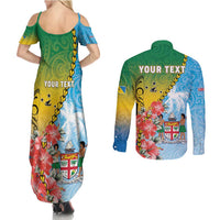 Personalised Malampa Fiji Day Couples Matching Summer Maxi Dress and Long Sleeve Button Shirt Tribal Pattern With Tropical Flowers - Polynesian Pride