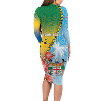 Personalised Malampa Fiji Day Family Matching Long Sleeve Bodycon Dress and Hawaiian Shirt Tribal Pattern With Tropical Flowers LT05 - Polynesian Pride