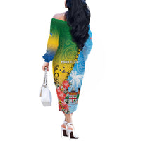Personalised Malampa Fiji Day Off The Shoulder Long Sleeve Dress Tribal Pattern With Tropical Flowers - Polynesian Pride