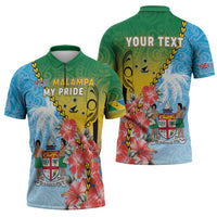 Personalised Malampa Fiji Day Zipper Polo Shirt Tribal Pattern With Tropical Flowers - Polynesian Pride