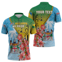 Personalised Malampa Fiji Day Zipper Polo Shirt Tribal Pattern With Tropical Flowers - Polynesian Pride