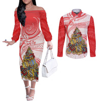 Personalized Happy Boxing Day Couples Matching Off The Shoulder Long Sleeve Dress and Long Sleeve Button Shirts Polynesian Gift Boxes Christmas Tree LT05 Red - Polynesian Pride
