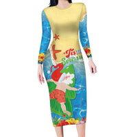 Christmas In Hawaii Family Matching Long Sleeve Bodycon Dress and Hawaiian Shirt Tis The Sea Sun LT05 Mom's Dress Blue - Polynesian Pride
