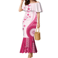 Bula Fiji Family Matching Mermaid Dress and Hawaiian Shirt Pink Plumeria Masi Tapa Pattern LT05 Mom's Dress Pink - Polynesian Pride