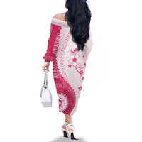 Bula Fiji Family Matching Off The Shoulder Long Sleeve Dress and Hawaiian Shirt Pink Plumeria Masi Tapa Pattern LT05 - Polynesian Pride