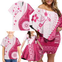 Bula Fiji Family Matching Off Shoulder Short Dress and Hawaiian Shirt Pink Plumeria Masi Tapa Pattern LT05 - Polynesian Pride
