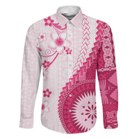Bula Fiji Family Matching Summer Maxi Dress and Hawaiian Shirt Pink Plumeria Masi Tapa Pattern LT05 Dad's Shirt - Long Sleeve Pink - Polynesian Pride