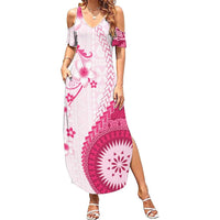 Bula Fiji Family Matching Summer Maxi Dress and Hawaiian Shirt Pink Plumeria Masi Tapa Pattern LT05 Mom's Dress Pink - Polynesian Pride