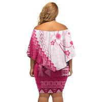 Bula Fiji Off Shoulder Short Dress Pink Plumeria Masi Tapa Pattern - Polynesian Pride