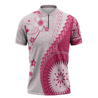 Bula Fiji Zipper Polo Shirt Pink Plumeria Masi Tapa Pattern - Polynesian Pride