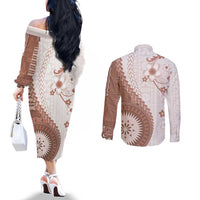 Bula Fiji Couples Matching Off The Shoulder Long Sleeve Dress and Long Sleeve Button Shirt Brown Plumeria Masi Tapa Pattern - Polynesian Pride