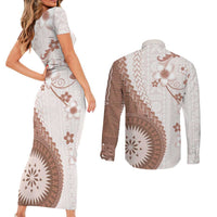 Bula Fiji Couples Matching Short Sleeve Bodycon Dress and Long Sleeve Button Shirt Brown Plumeria Masi Tapa Pattern LT05 - Polynesian Pride