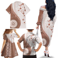 Bula Fiji Family Matching Off The Shoulder Long Sleeve Dress and Hawaiian Shirt Brown Plumeria Masi Tapa Pattern LT05 - Polynesian Pride