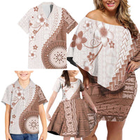 Bula Fiji Family Matching Off Shoulder Short Dress and Hawaiian Shirt Brown Plumeria Masi Tapa Pattern LT05 - Polynesian Pride