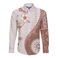 Bula Fiji Long Sleeve Button Shirt Brown Plumeria Masi Tapa Pattern - Polynesian Pride