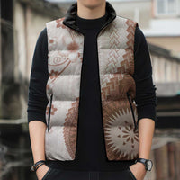 Bula Fiji Sleeveless Puffer Jacket Brown Plumeria Masi Tapa Pattern - Polynesian Pride