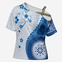 Bula Fiji Cross Shoulder Shirt Blue Plumeria Masi Tapa Pattern - Polynesian Pride