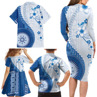 Bula Fiji Family Matching Long Sleeve Bodycon Dress and Hawaiian Shirt Blue Plumeria Masi Tapa Pattern LT05 - Polynesian Pride