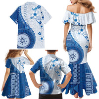 Bula Fiji Family Matching Mermaid Dress and Hawaiian Shirt Blue Plumeria Masi Tapa Pattern LT05 - Polynesian Pride