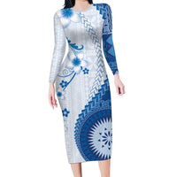 Bula Fiji Long Sleeve Bodycon Dress Blue Plumeria Masi Tapa Pattern - Polynesian Pride
