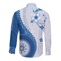 Bula Fiji Long Sleeve Button Shirt Blue Plumeria Masi Tapa Pattern - Polynesian Pride