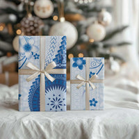 Bula Fiji Wrapping Paper Blue Plumeria Masi Tapa Pattern