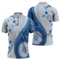 Bula Fiji Zipper Polo Shirt Blue Plumeria Masi Tapa Pattern - Polynesian Pride