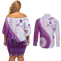 Bula Fiji Couples Matching Off Shoulder Short Dress and Long Sleeve Button Shirt Violet Plumeria Masi Tapa Pattern LT05 - Polynesian Pride