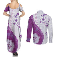 Bula Fiji Couples Matching Summer Maxi Dress and Long Sleeve Button Shirt Violet Plumeria Masi Tapa Pattern - Polynesian Pride