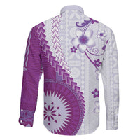 Bula Fiji Family Matching Long Sleeve Bodycon Dress and Hawaiian Shirt Violet Plumeria Masi Tapa Pattern LT05 - Polynesian Pride