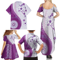 Bula Fiji Family Matching Summer Maxi Dress and Hawaiian Shirt Violet Plumeria Masi Tapa Pattern LT05 - Polynesian Pride