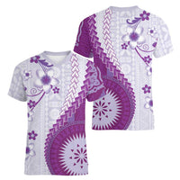 Bula Fiji Women V-Neck T-Shirt Violet Plumeria Masi Tapa Pattern - Polynesian Pride
