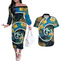 New Zealand Tui Bird Couples Matching Off The Shoulder Long Sleeve Dress and Hawaiian Shirt Maori Koru With Kowhai Flowers LT05 Black - Polynesian Pride