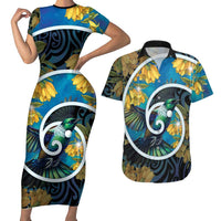New Zealand Tui Bird Couples Matching Short Sleeve Bodycon Dress and Hawaiian Shirt Maori Koru With Kowhai Flowers LT05 Black - Polynesian Pride